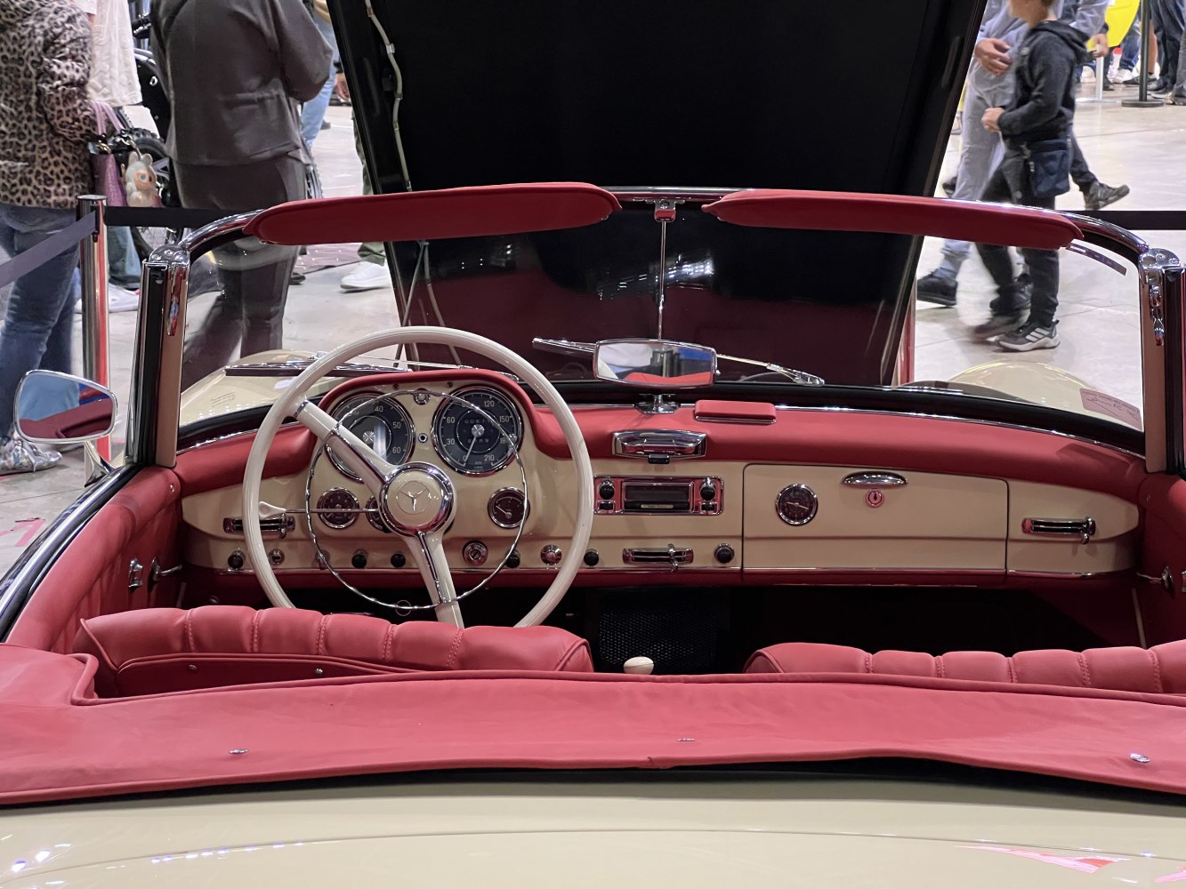 Vintage car interior with classic dashboard and steering wheel