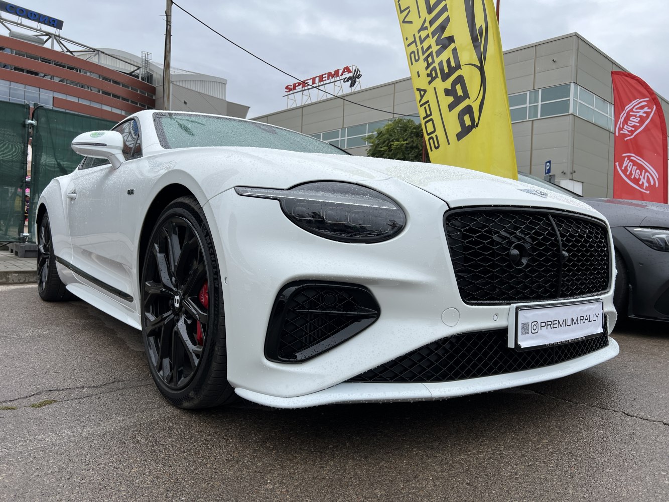 Close-up of front grille and oval headlight design on luxury sports coupe