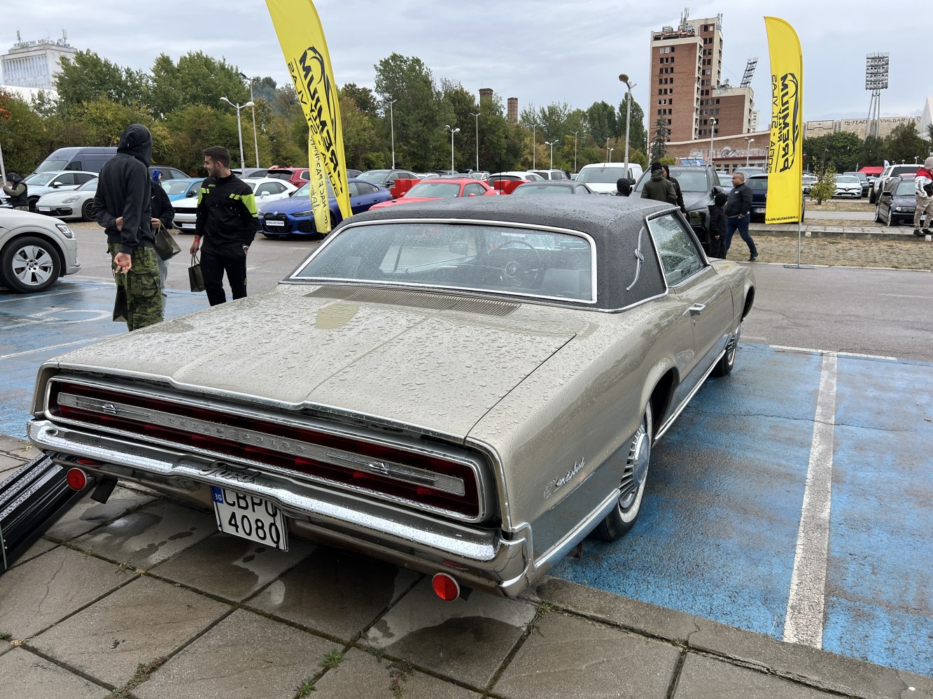 Rear view of classic coupe with wide taillights and vinyl roof