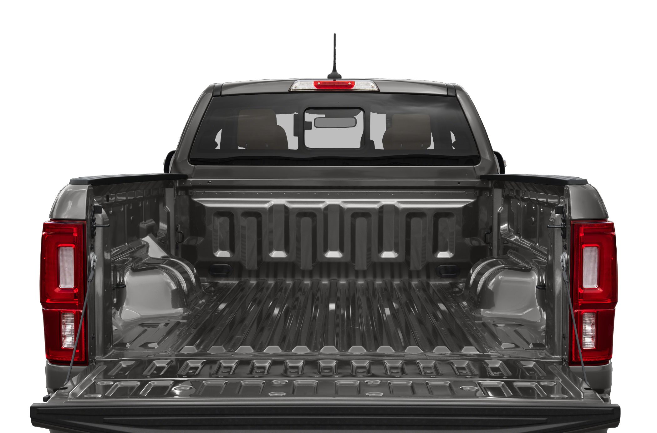 Open cargo bed with lowered tailgate and metal bed liner