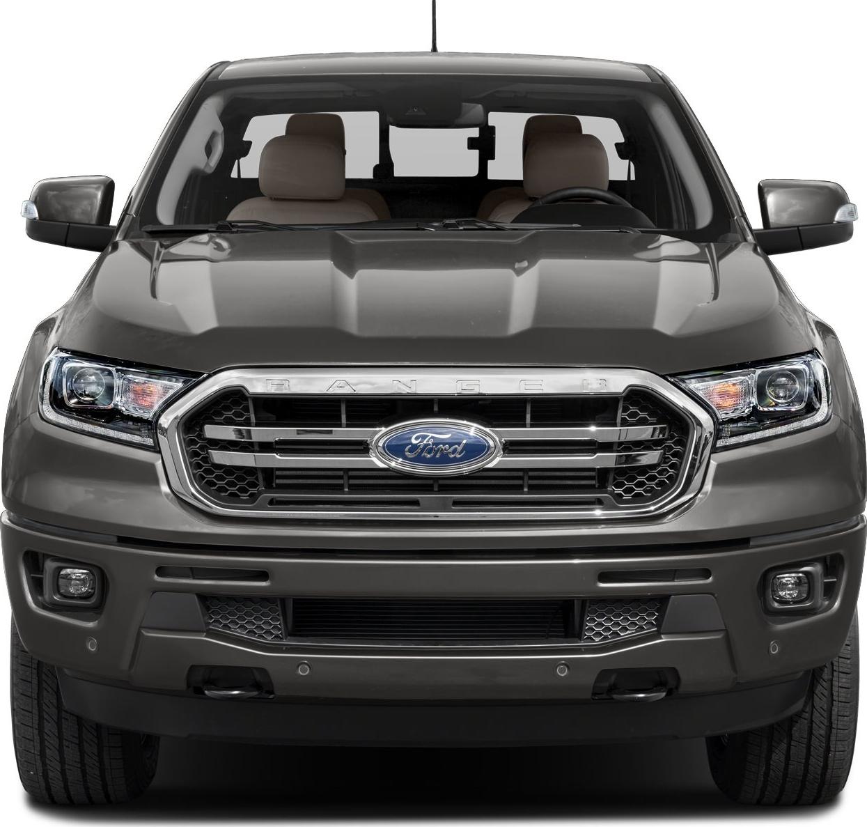 Front view featuring bold grille and LED headlights with muscular hood