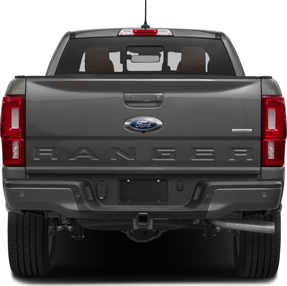 Rear view of pickup tailgate with embossed lettering and EcoBoost badge