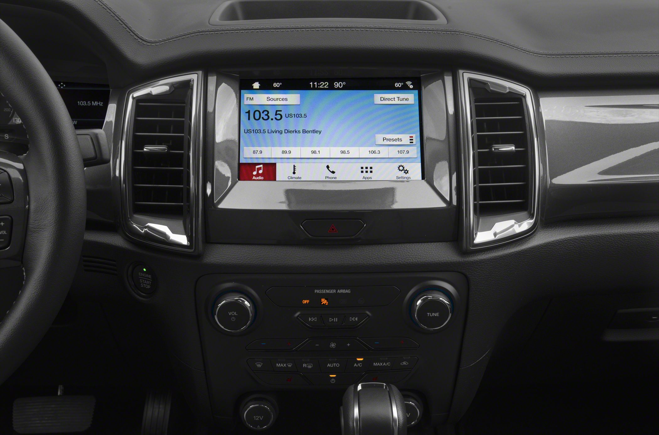 Touchscreen infotainment system with climate and audio controls