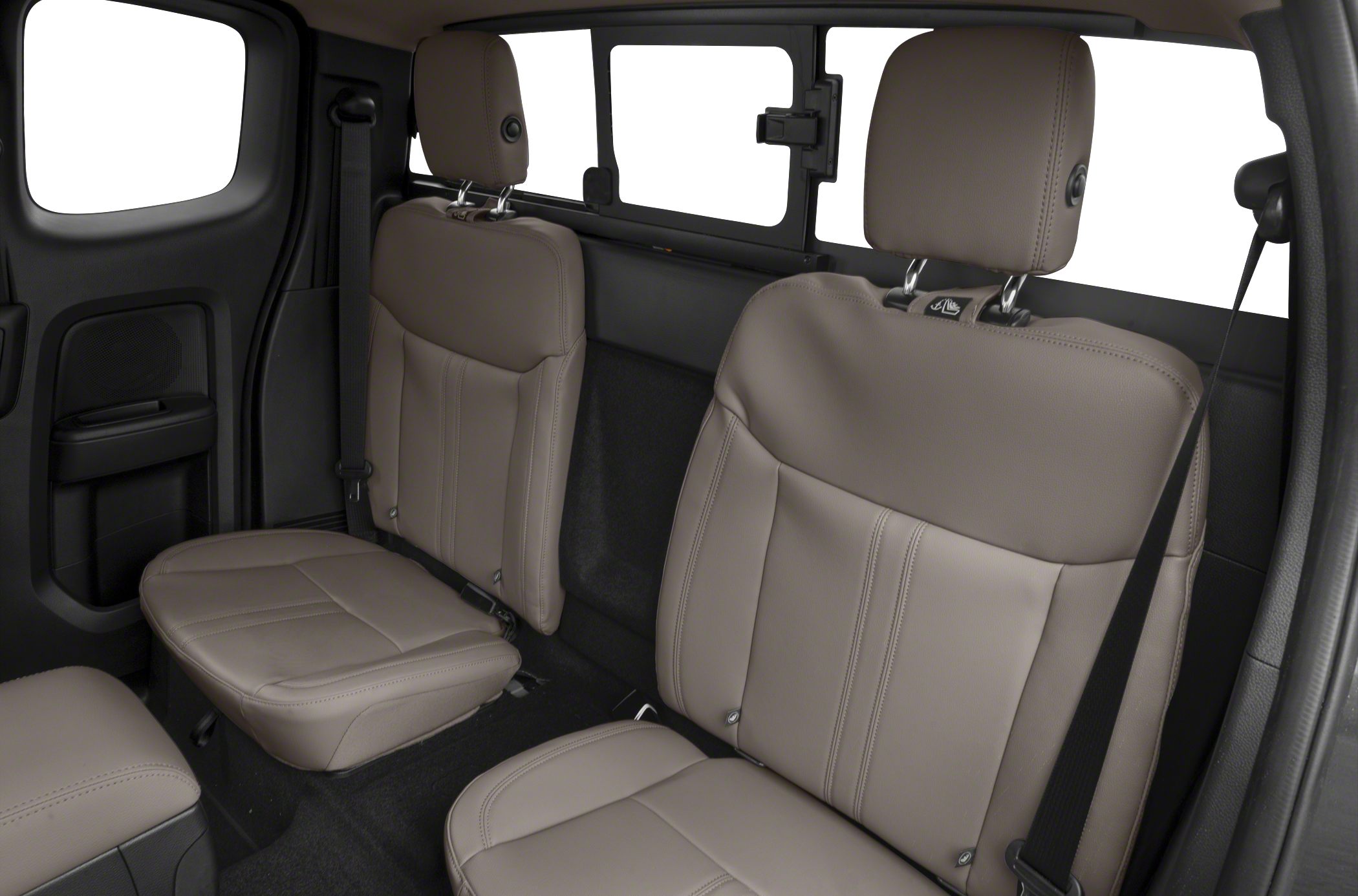 Foldable leather backseat with sliding rear window and seat belts