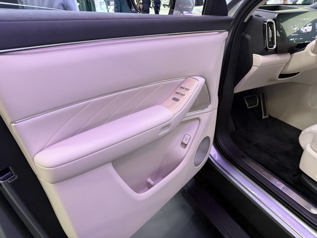 Interior door panel with control buttons and wood trim