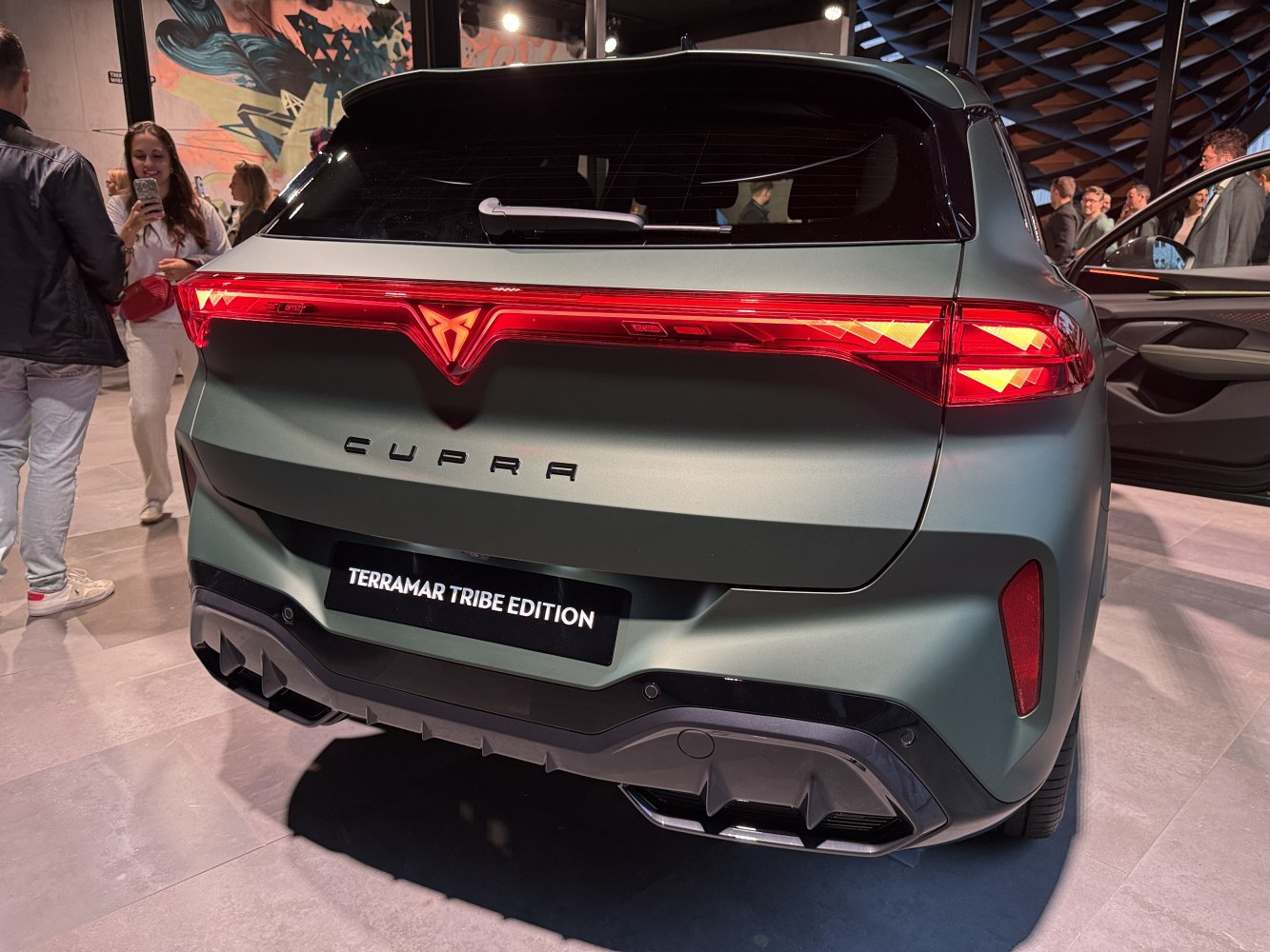 Rear view of a vehicle with LED tail lights and diffuser styling