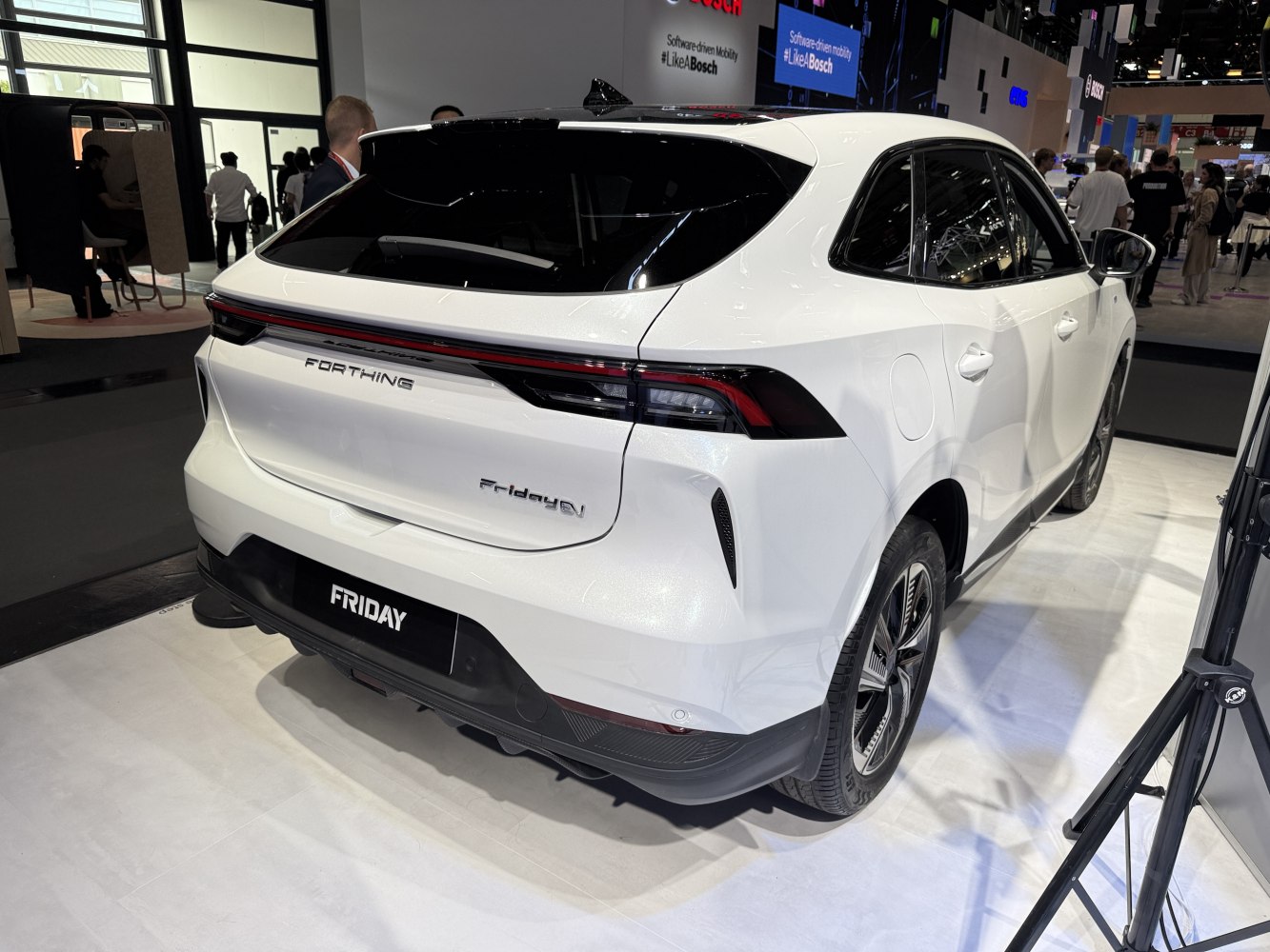 Rear view of sleek white SUV with modern taillights and aerodynamic design