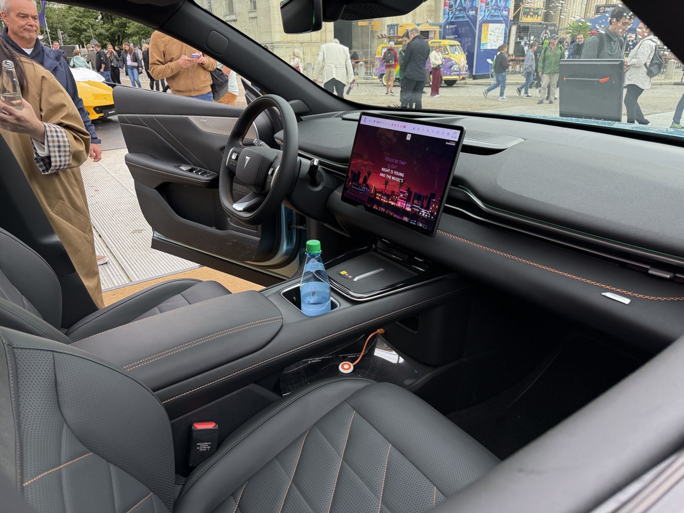 Modern car interior with touchscreen and leather seats