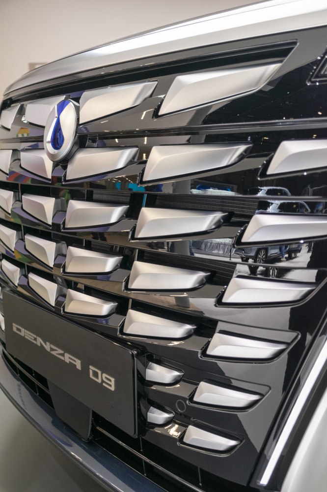 Close-up of a sculpted metallic front grille with emblem