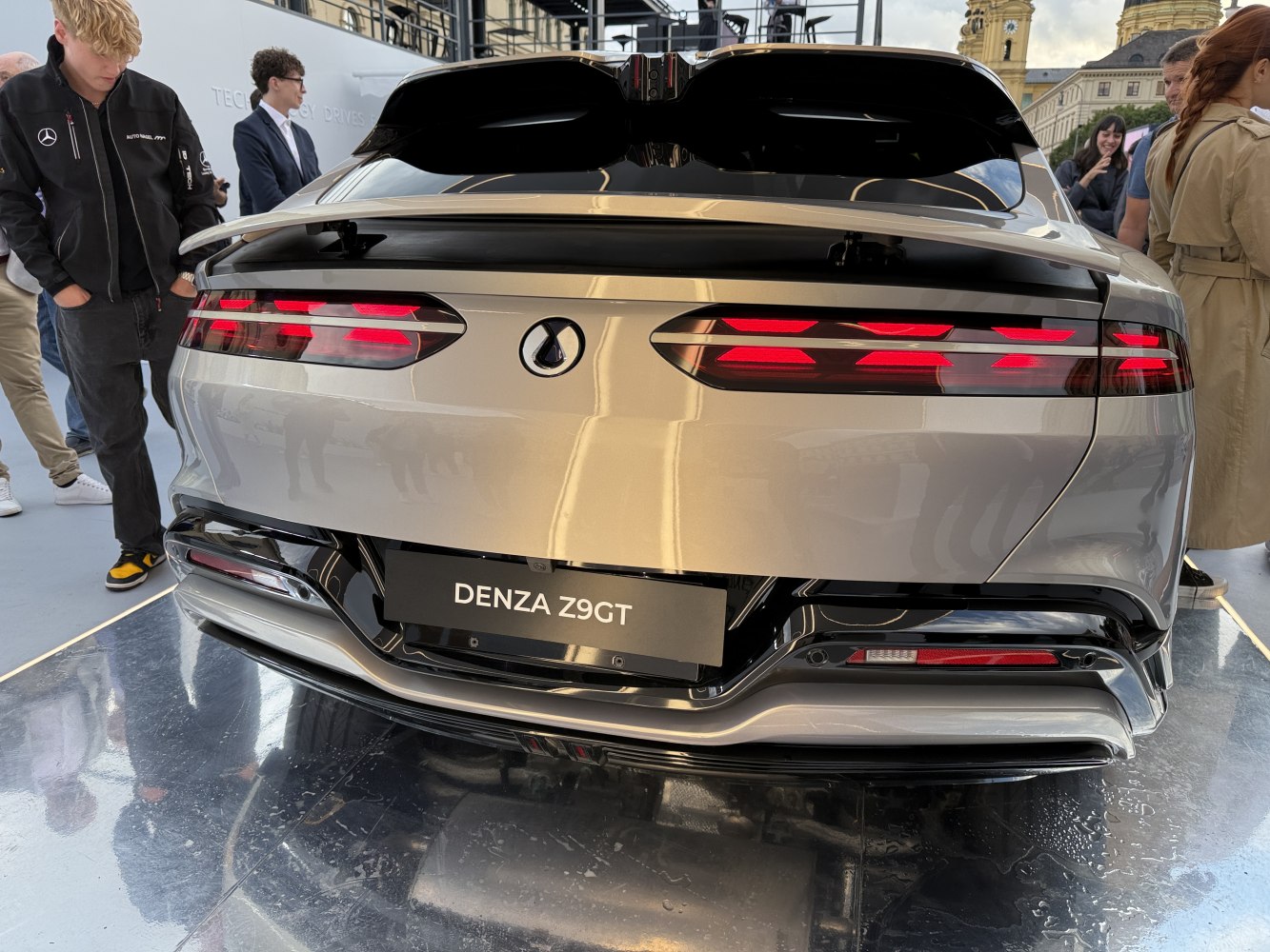 Rear of a vehicle with distinctive LED taillights and aerodynamic spoiler