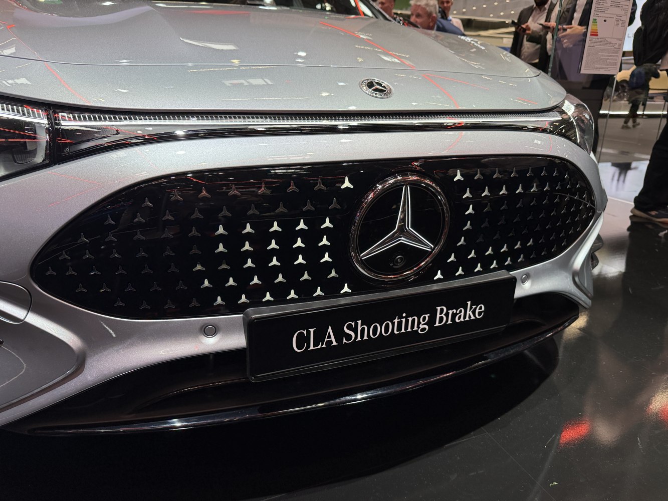 Close-up of car front grille with emblem and badge