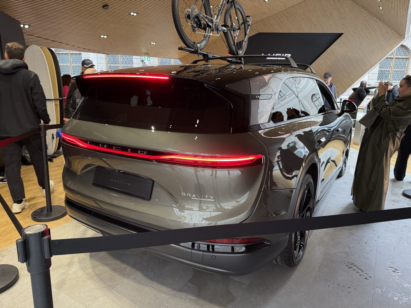 Rear view with continuous LED taillight and rooftop bicycle rack