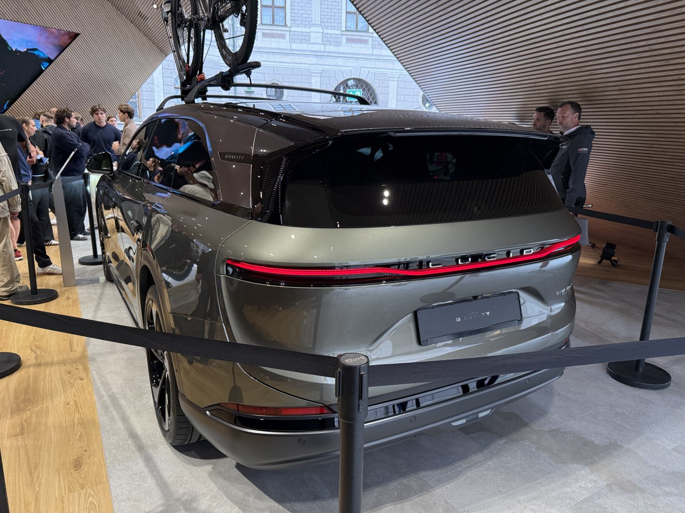Rear view with continuous LED light bar and roof bike rack