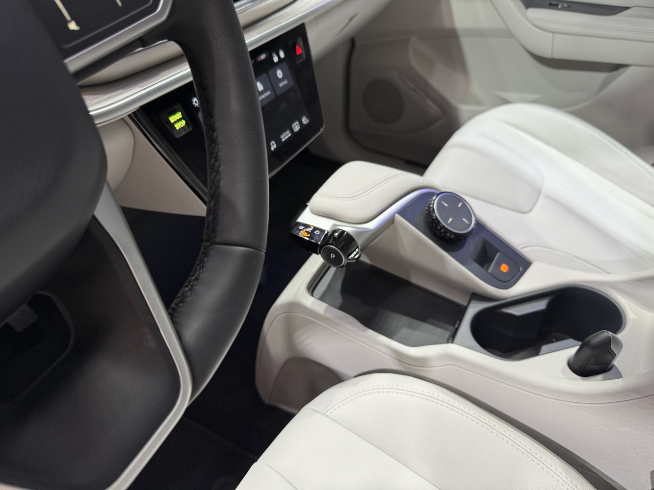 Modern center console and steering wheel with controls