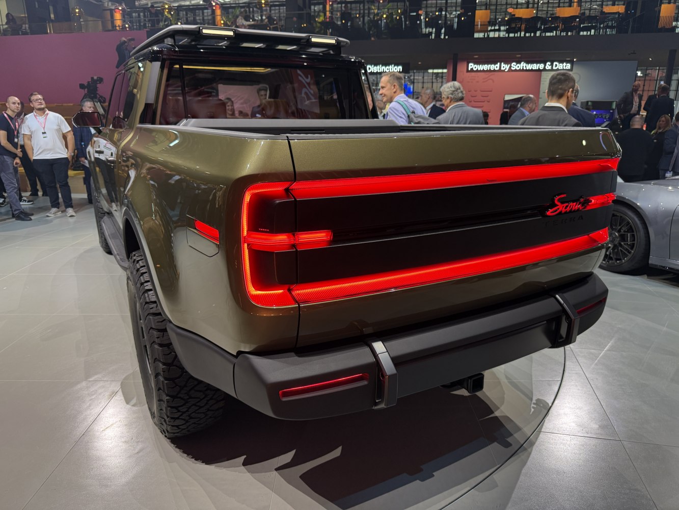 Rear view of pickup with LED tail lights and rugged tires