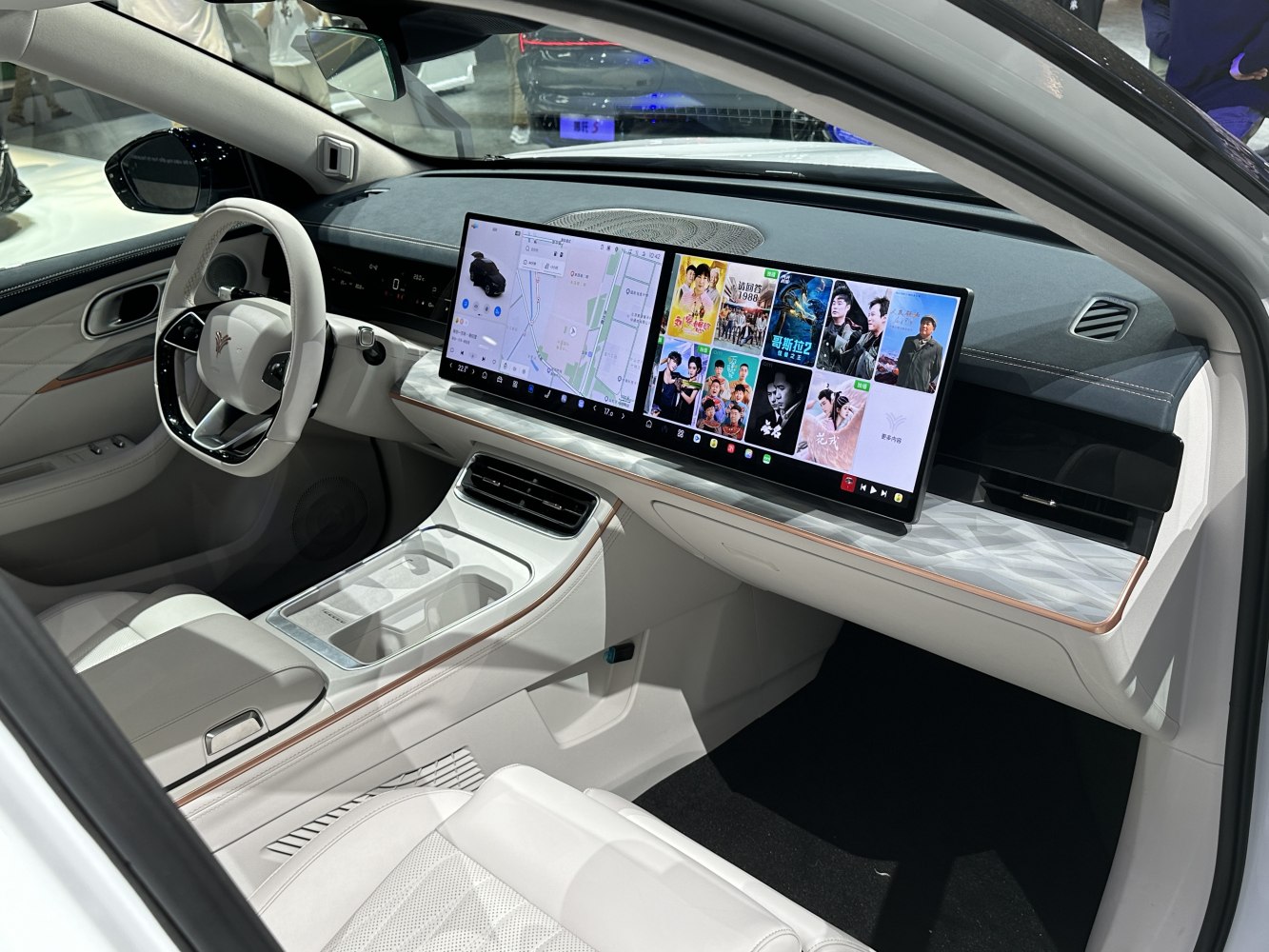 Futuristic dual-screen dashboard with white leather interior