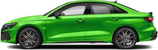 Green RS3 Sportback side view with sleek design and alloy wheels