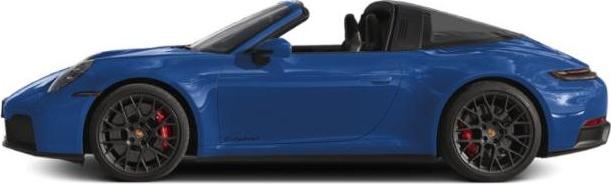 Side view of a blue convertible with black wheels and streamlined design