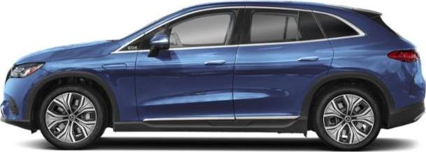 Side view of a sleek blue electric SUV with aerodynamic design and modern alloy wheels