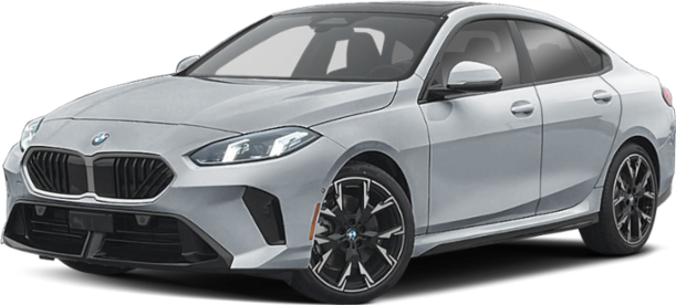 Front-side view of a sporty luxury sedan with distinctive grille and sharp lines