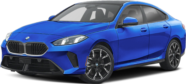 Blue compact luxury sedan with LED headlights and sporty front grille.