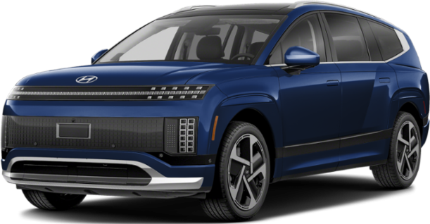 Blue electric SUV with modern front grille and aerodynamic design