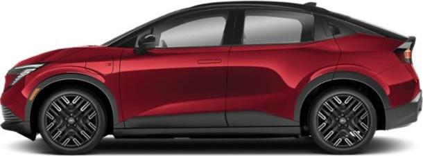 Side profile of red electric hatchback with aerodynamic design