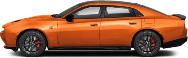 Orange sports sedan side profile with black wheels and rear spoiler