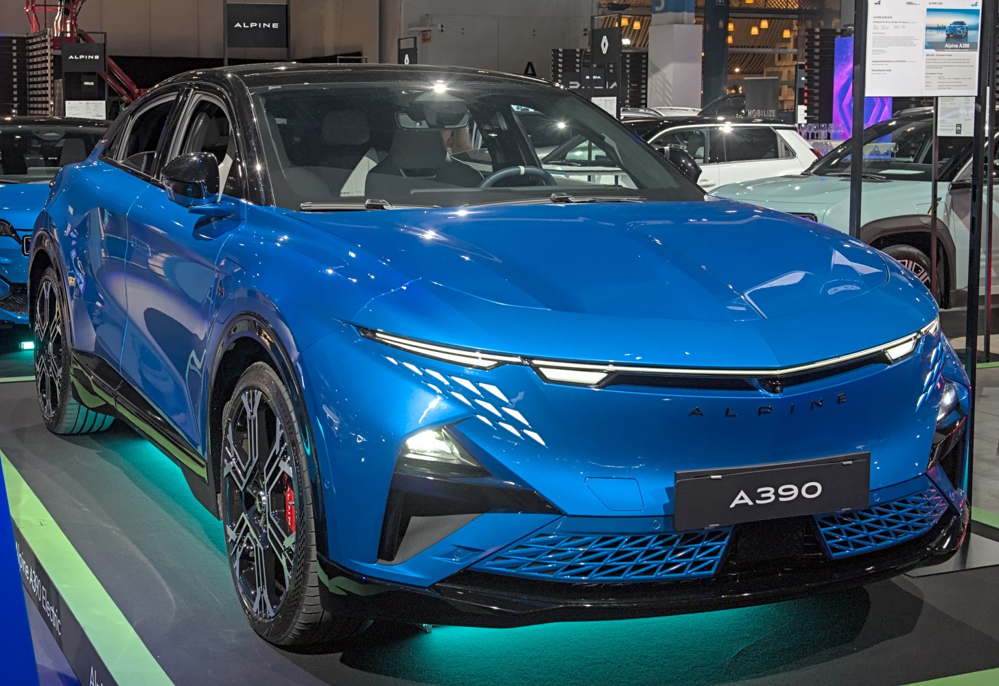 Sleek electric crossover with sharp LED headlights and aerodynamic front design