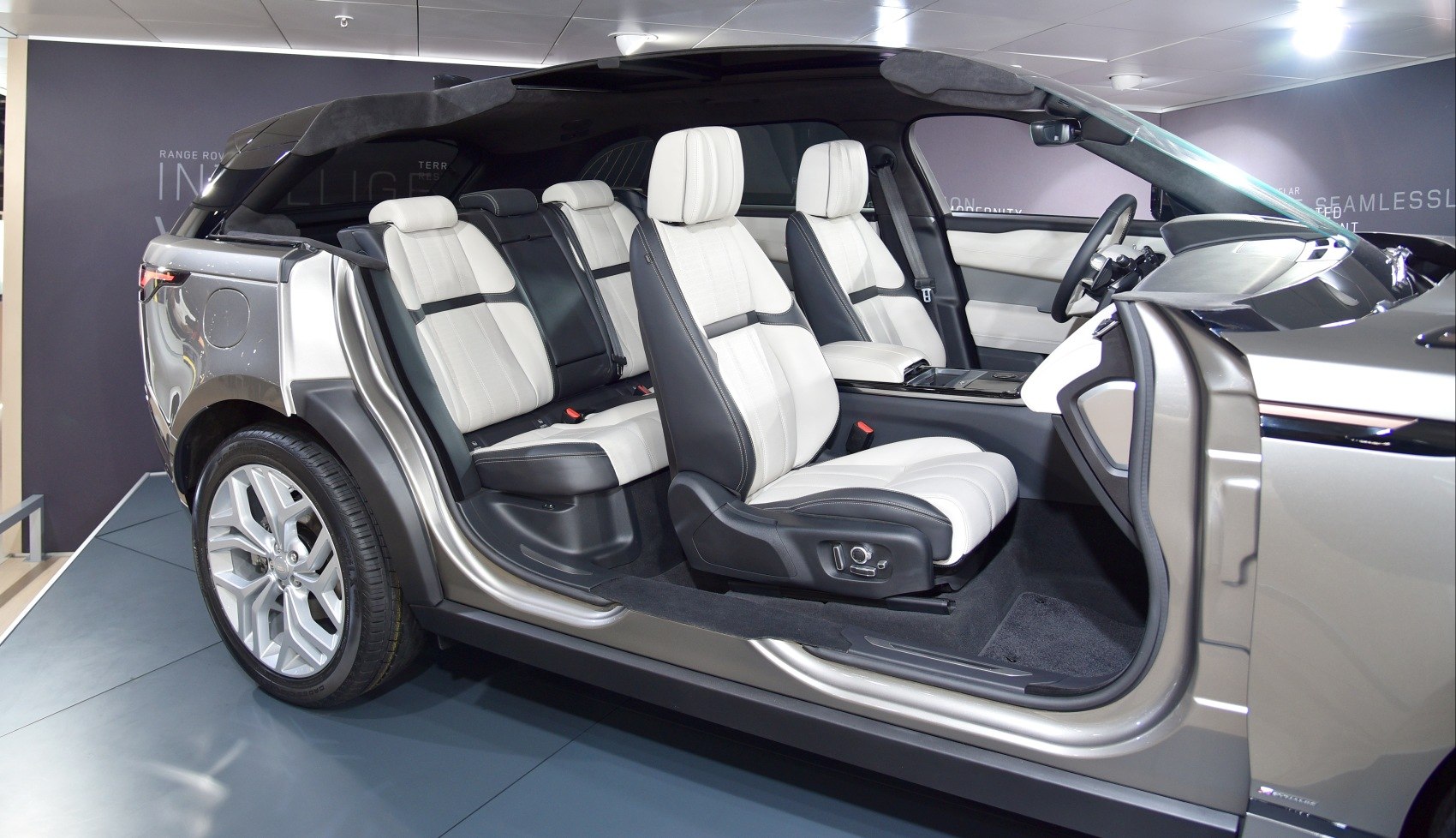 White leather seating and spacious interior layout