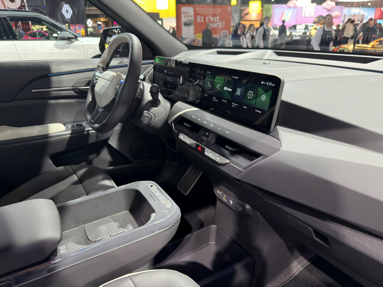Dual widescreen digital display and modern car dashboard interior