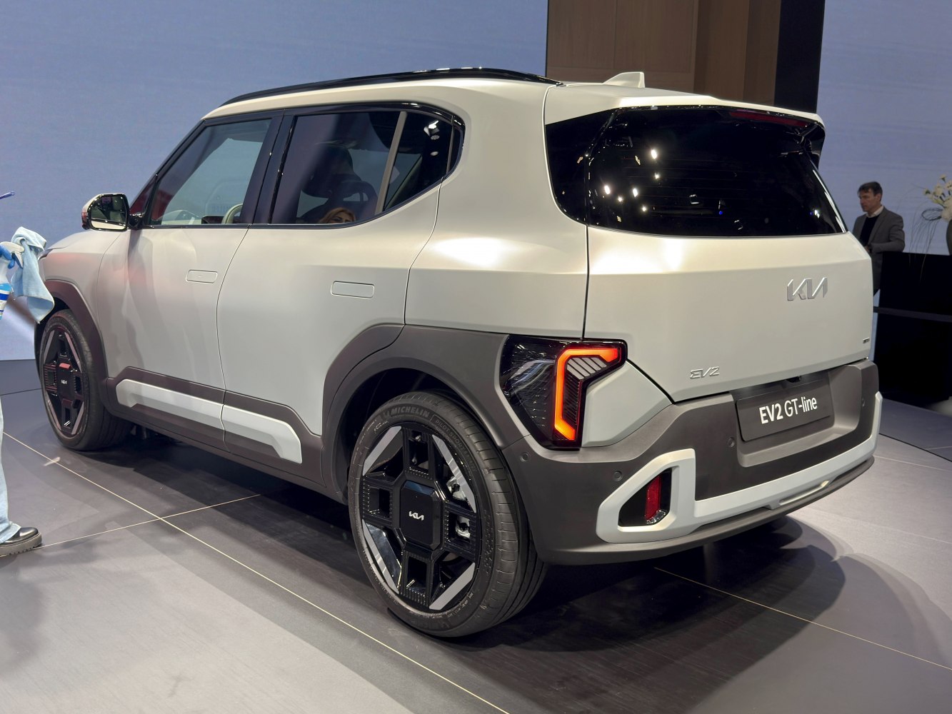 Rear side view of electric SUV with LED taillights and alloy wheels
