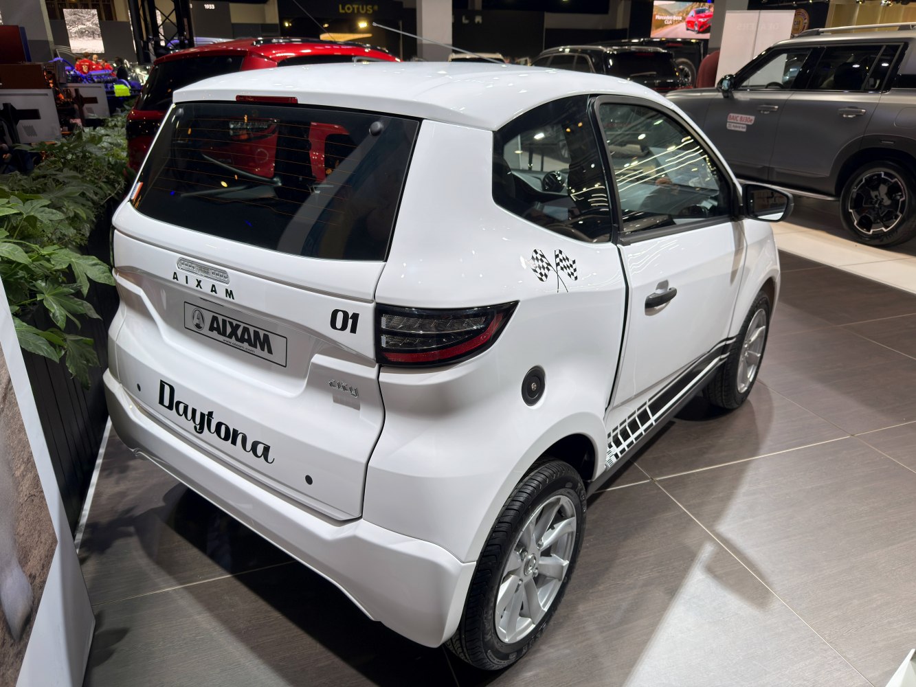 Compact hatchback rear with racing flag decals and Dayton branding