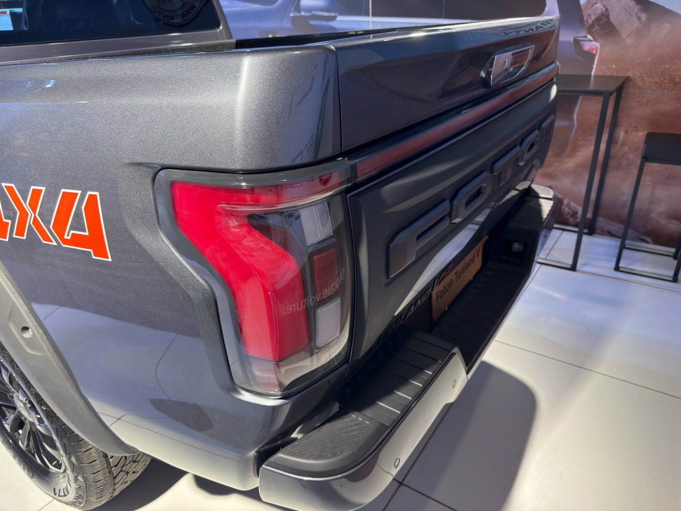 Rear tail light and tailgate with step bumper detail