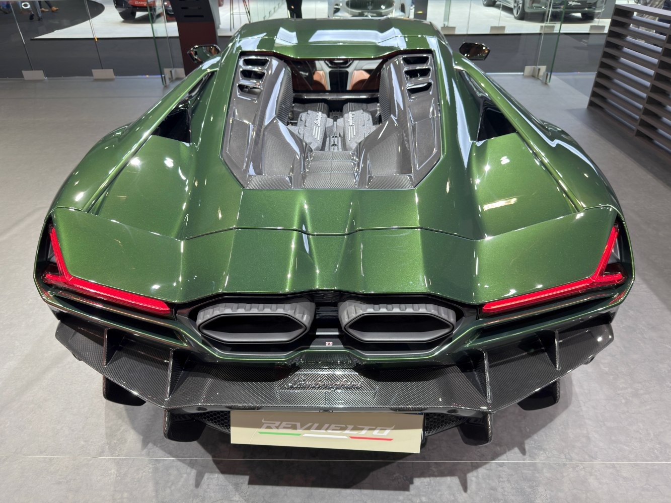 Rear exhaust with visible engine cover and aerodynamic carbon fiber elements