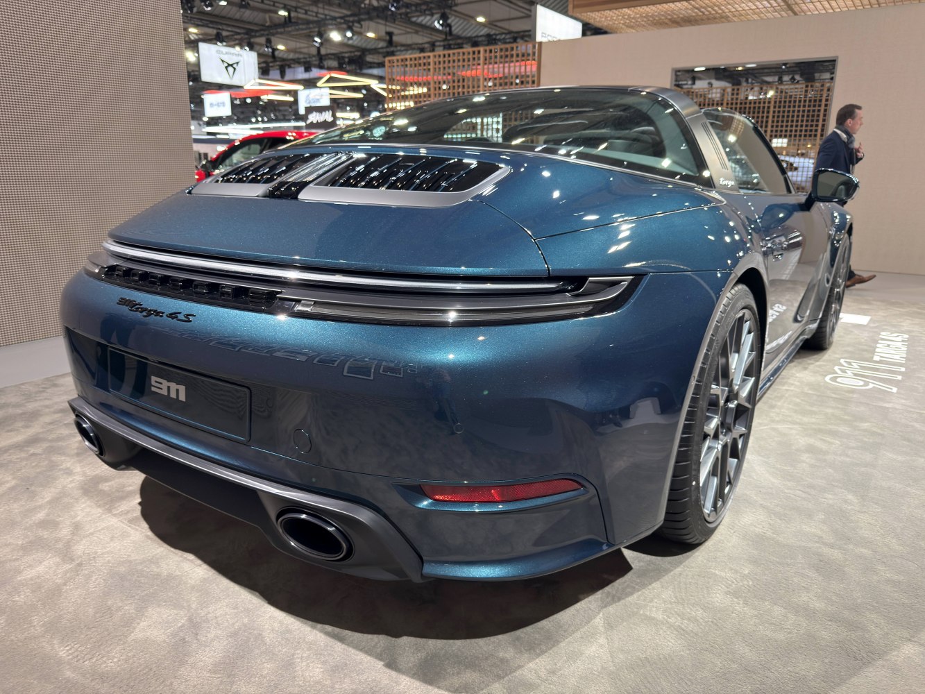 Rear close-up of modern Porsche 911 Targa with taillights and exhaust