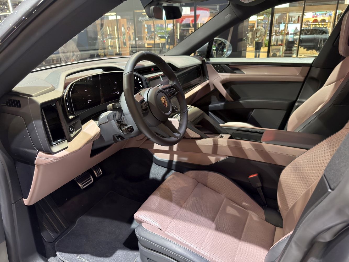 Electric SUV interior with digital dashboard and leather seats