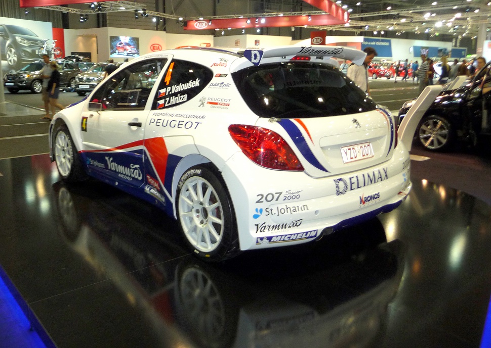 Rear view of a rally 207 with race livery and large rear wing