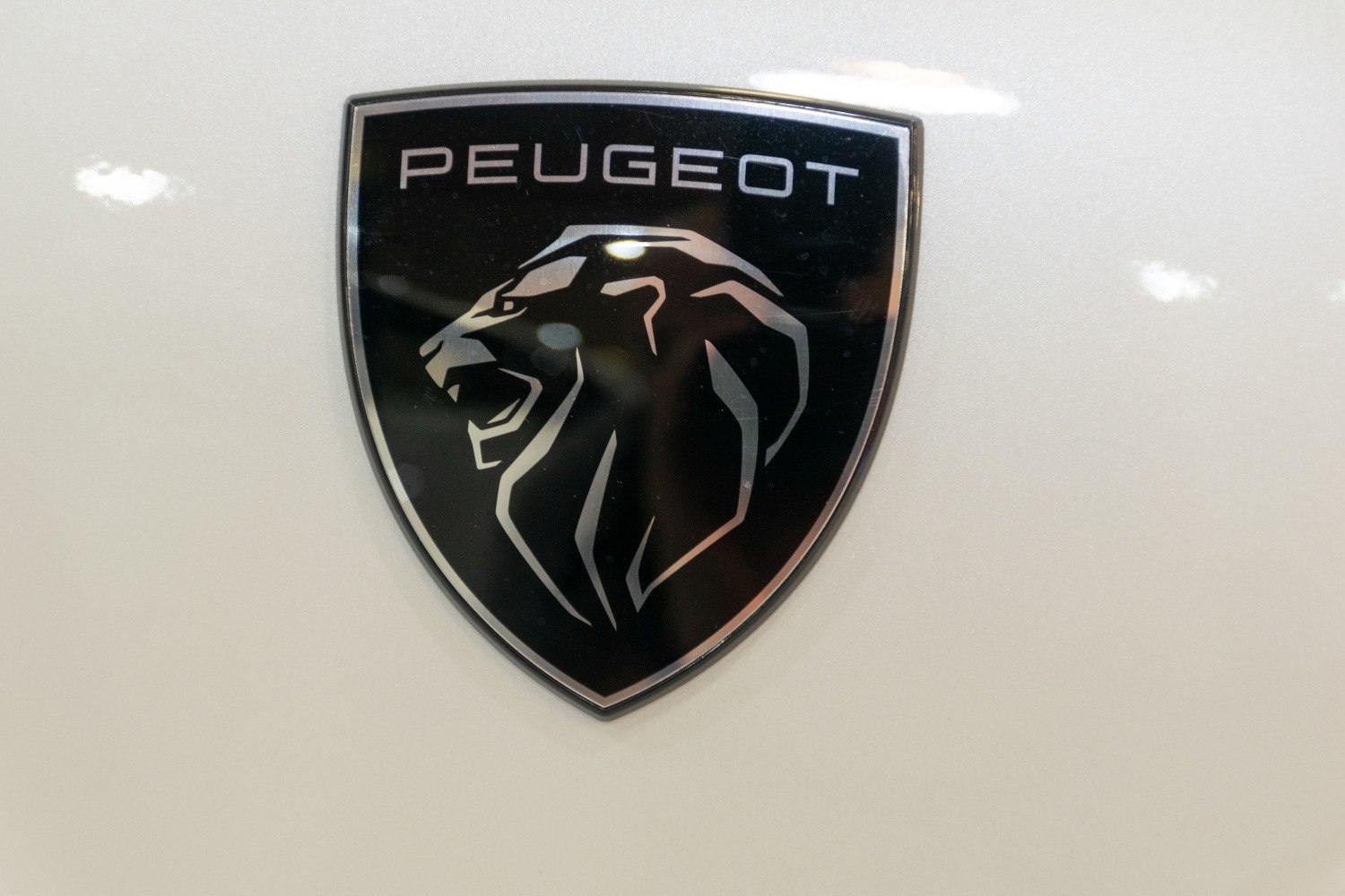 Close-up of Peugeot lion emblem badge on vehicle surface