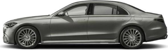 Side profile of luxury sedan with sleek, elongated body and multi-spoke wheels