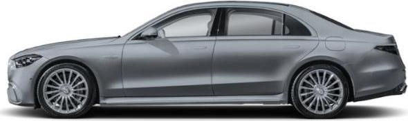 Side profile of a luxury sedan with sleek design and multi-spoke wheels