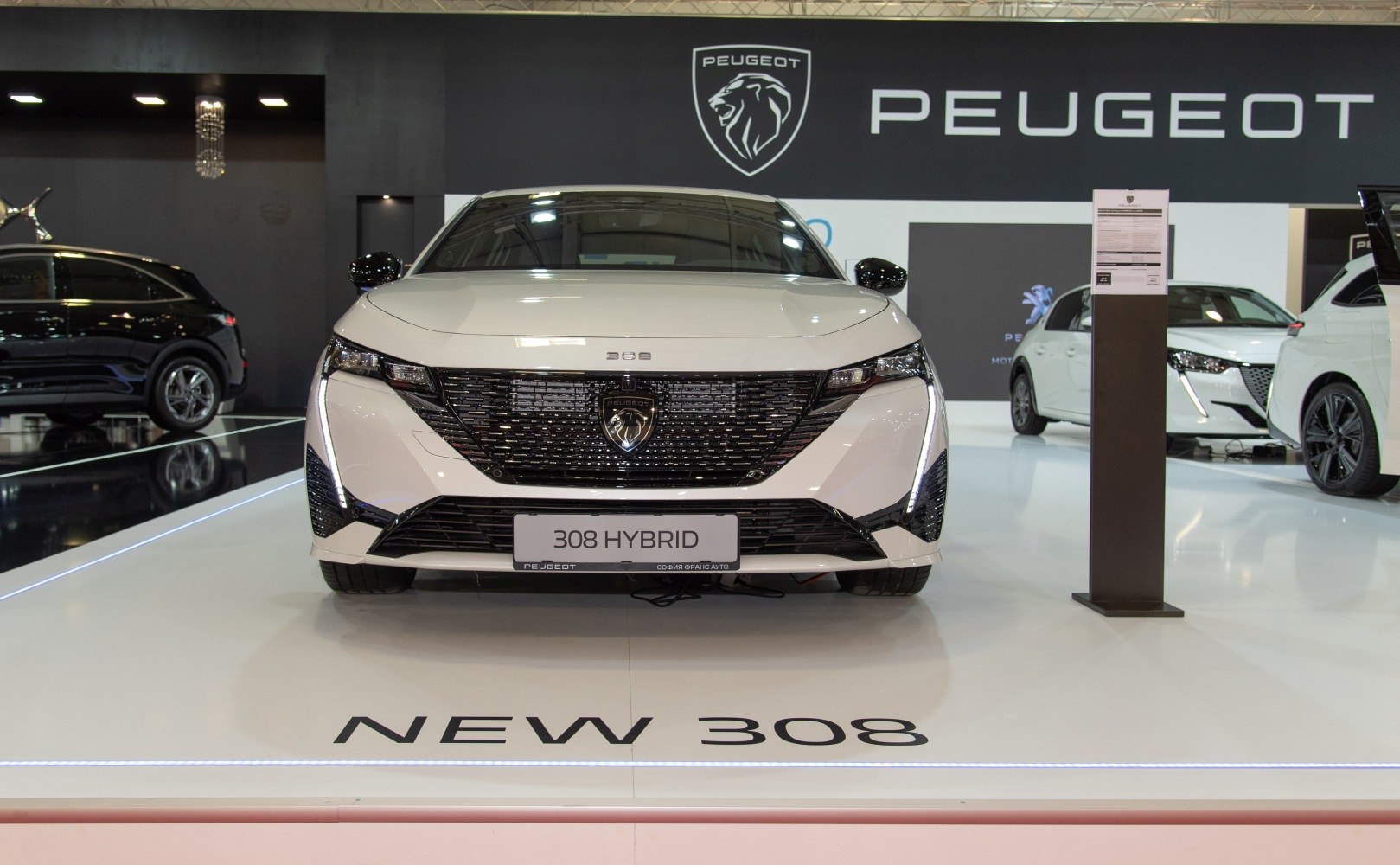 Front grille and sleek headlights of modern hybrid car