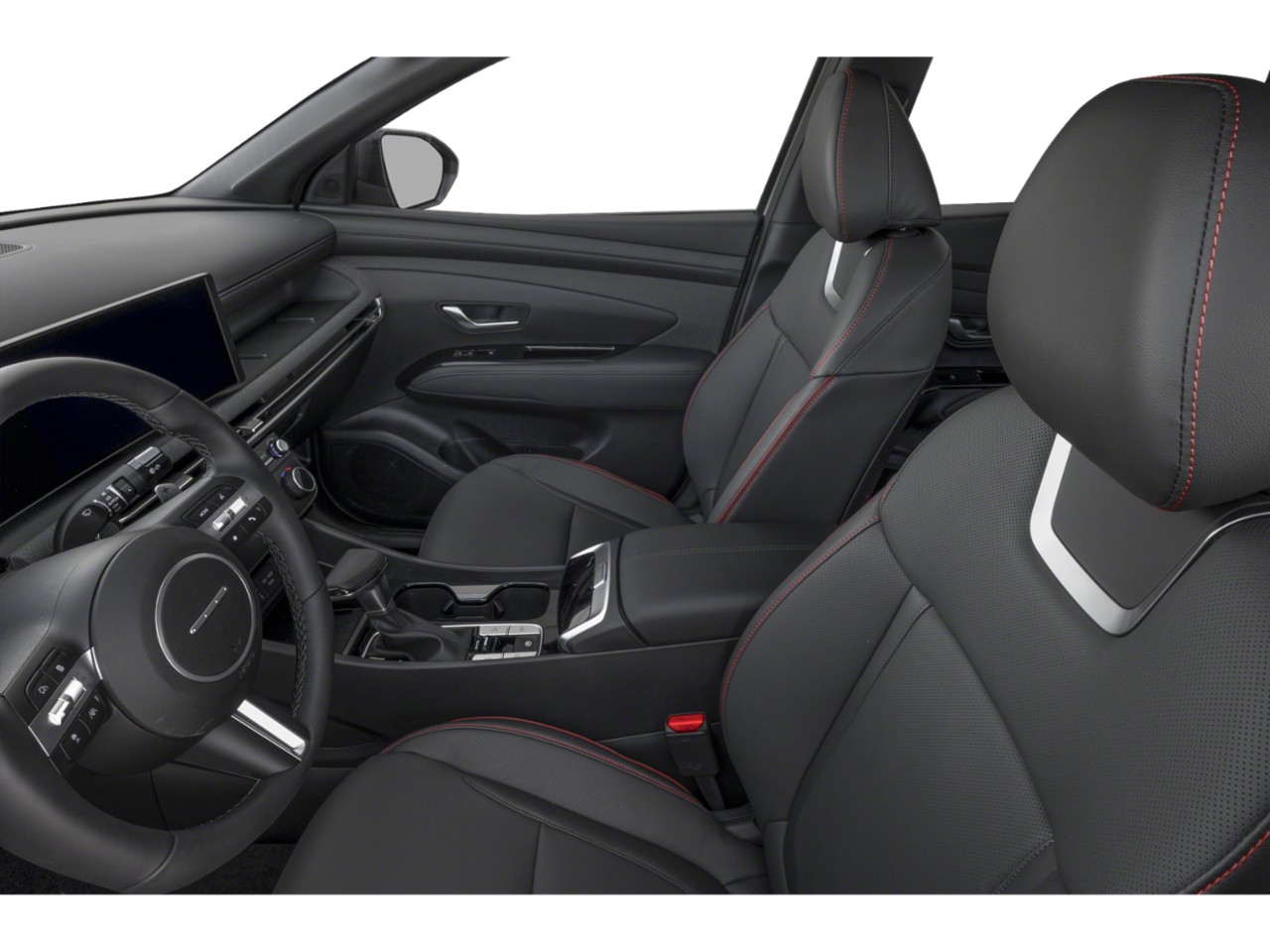 Leather seats with red stitching and modern dashboard with steering wheel controls