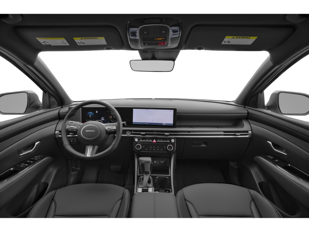 Modern car interior with digital displays and sleek dashboard.