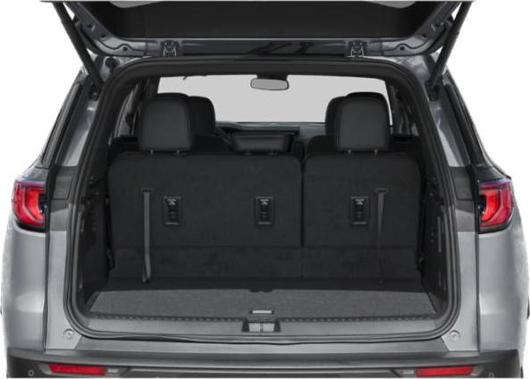 Rear cargo space with three upright seats in an SUV