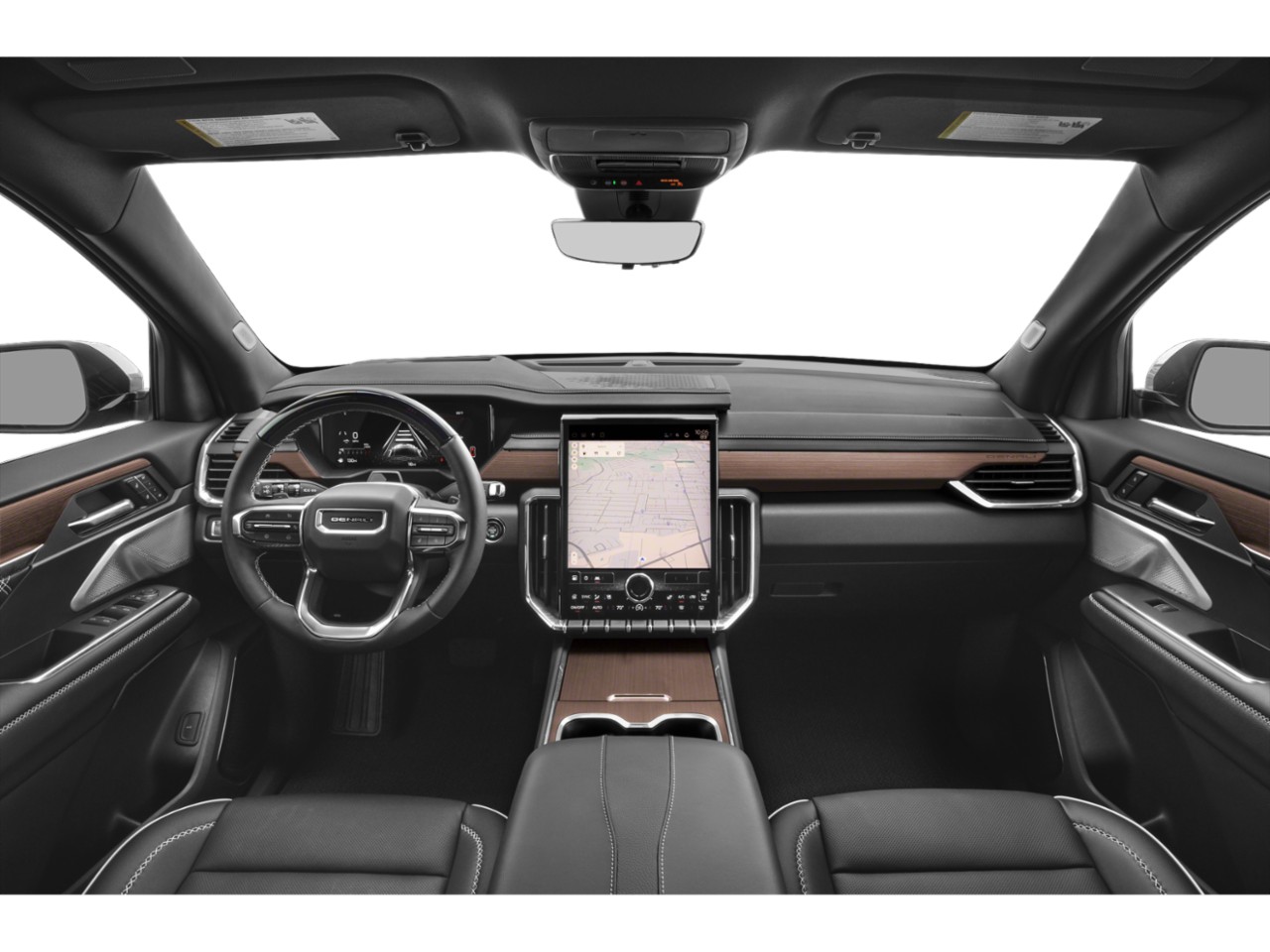 Modern dashboard with large vertical touchscreen and wood trim accents