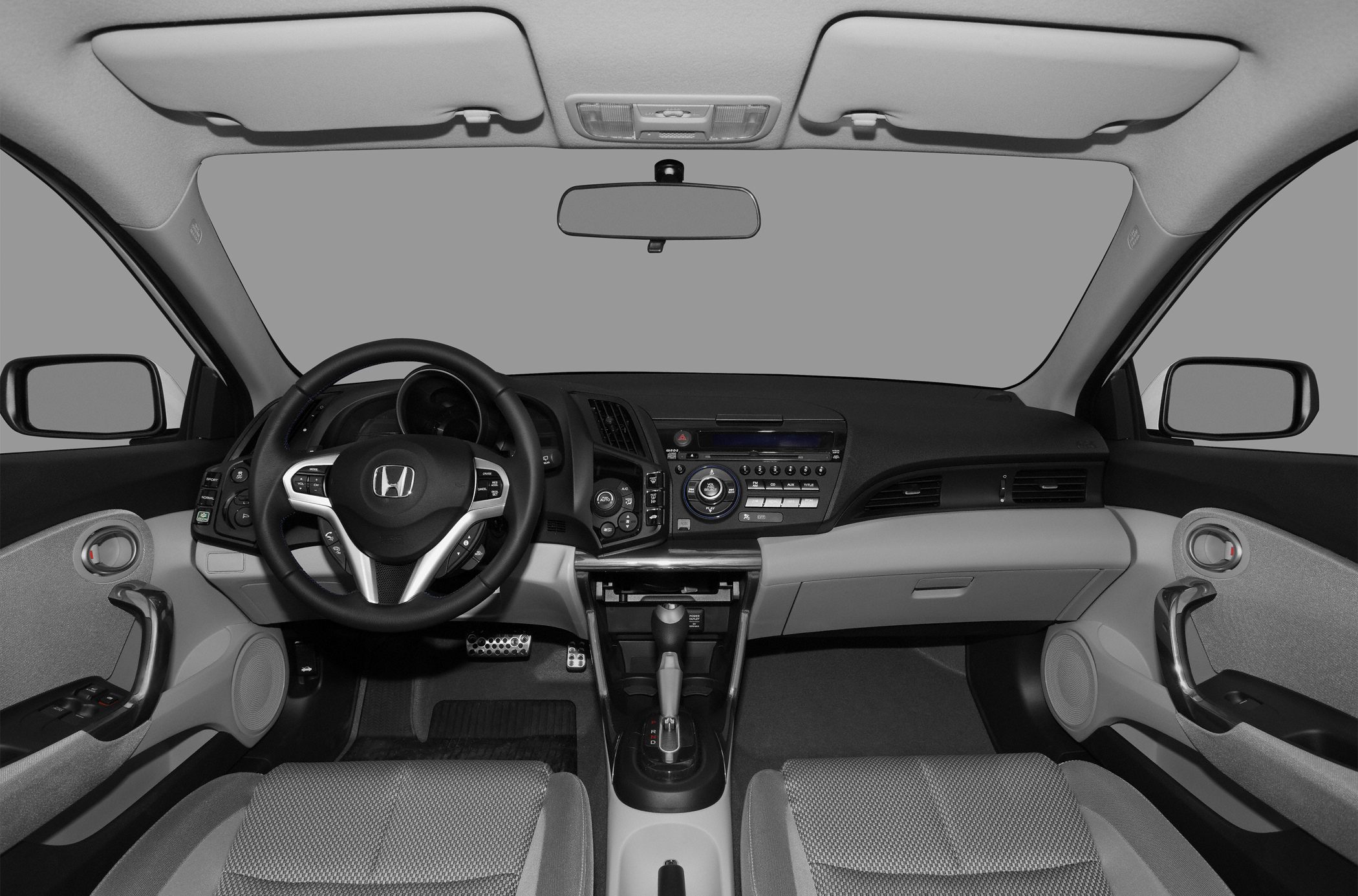 Dashboard, steering wheel, and center console interior view