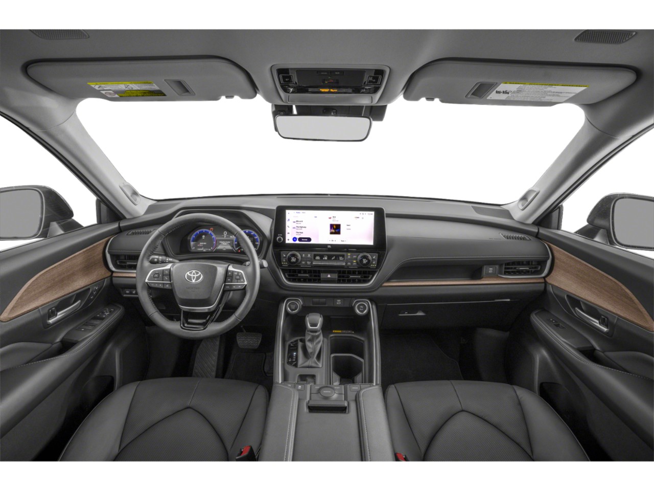 Dashboard with touchscreen, multifunction steering wheel, wood trim accents, leather seats