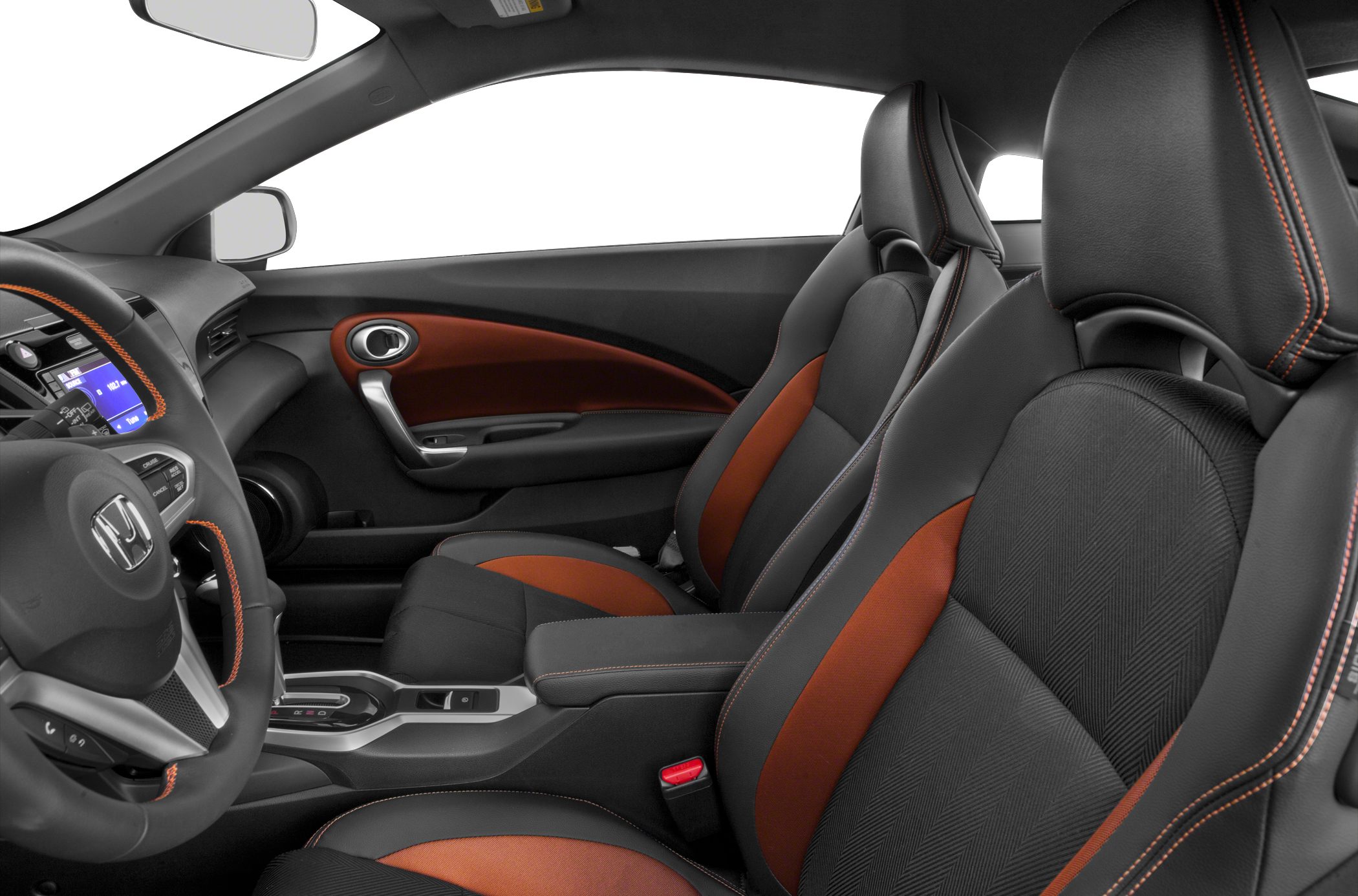 Sporty black and orange seats with contrast stitching in a modern car interior