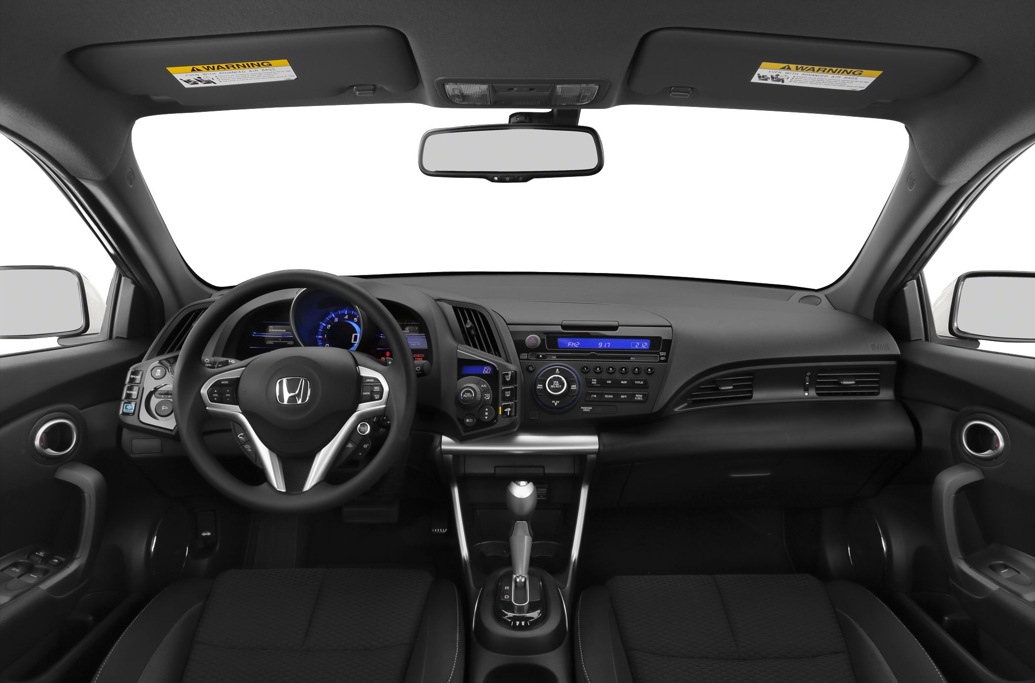 Steering wheel, dashboard, center console, and seats inside a car